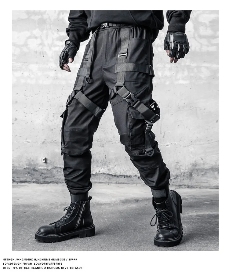 Hip Hop Punk Cargo Pants Man Multi Ribbons Decorative Techwear Pants High Street Tactical Casual Trousers