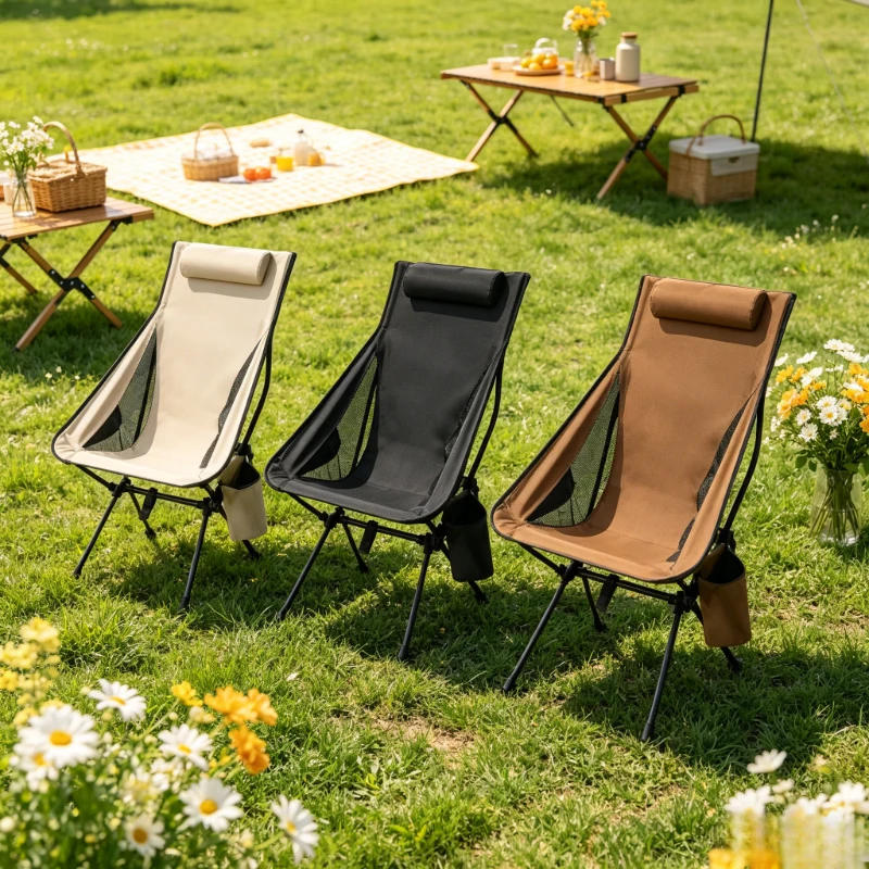 Silla de Camping Plegable de 3 Colores con Respaldo Alto, Silla Portátil Ligera con Reposacabezas para Acampar al Aire Libre, Pesca y Viajes
