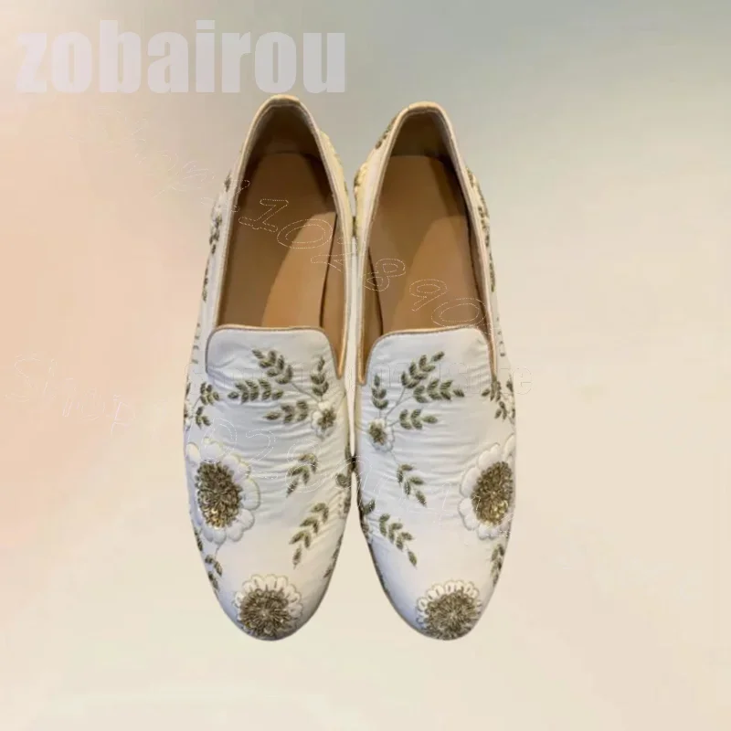 

Green White Foliage Embroidery Sequins Flower Loafers Fashion Slip On Men Shoes Luxurious Handmade Party Banquet Men Dress Shoes