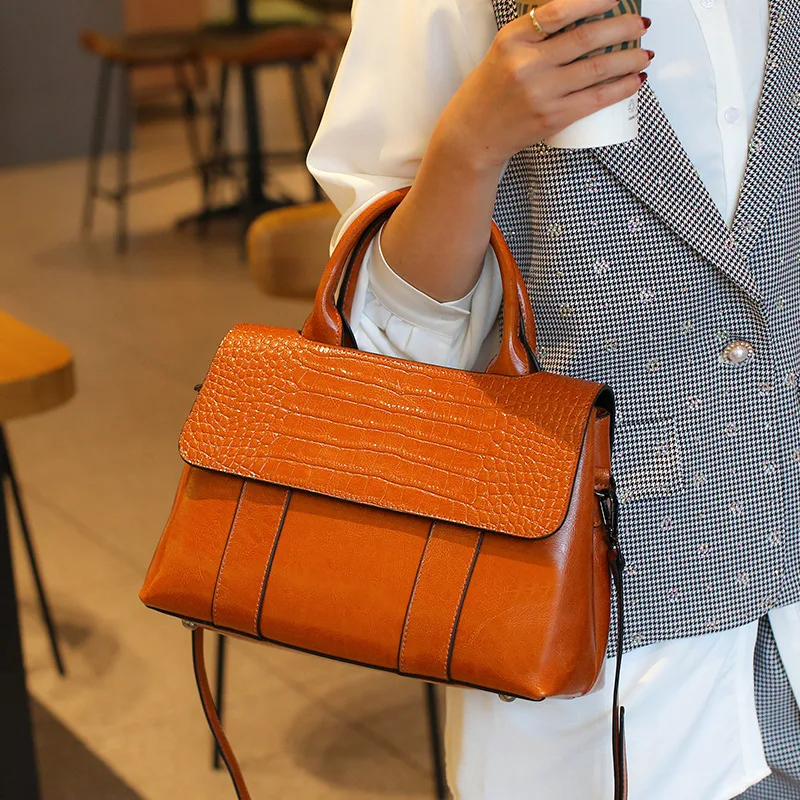 oil-wax-genuine-leather-satchel-handbag-crocodile-grain-flap-design-top-handle-bag-with-detachable-adjustable-crossbody-strap