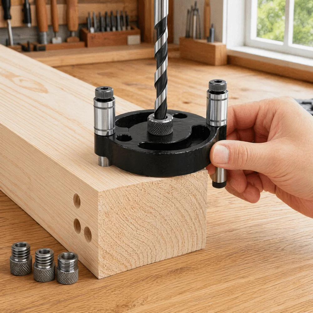 Straight Hole Self Centering Doweling Jig Round Pin Board Self Centering Design Handheld Drill Guide 6mm 8mm 10mm Bushings