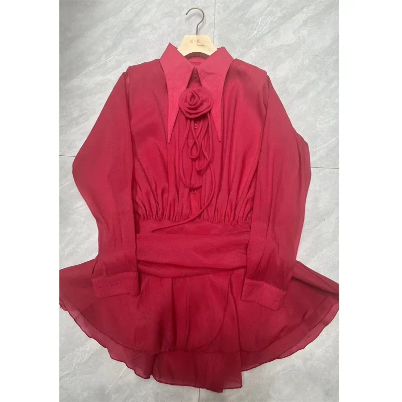 2025 New See-Through Tierred Dress Woman Summer Solid Turn-Down Collar Shirt Ruffles Chic Long-Sleeve Chiffon Party Bodycon