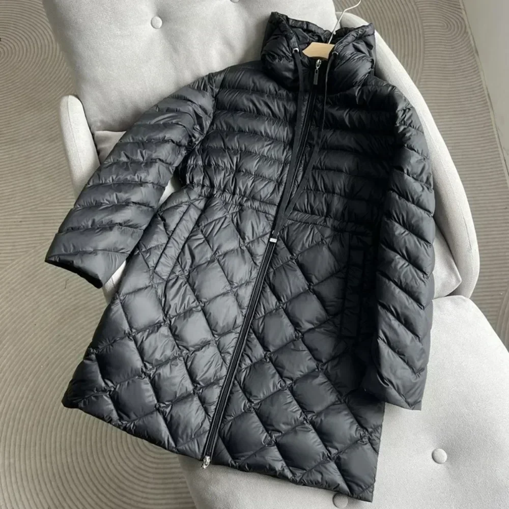 2024 Autumn Winter Slim Hooded Puffer Jacket Women Casual Solid Parka Waistband Lightweight Long White Duck Down Coat Female