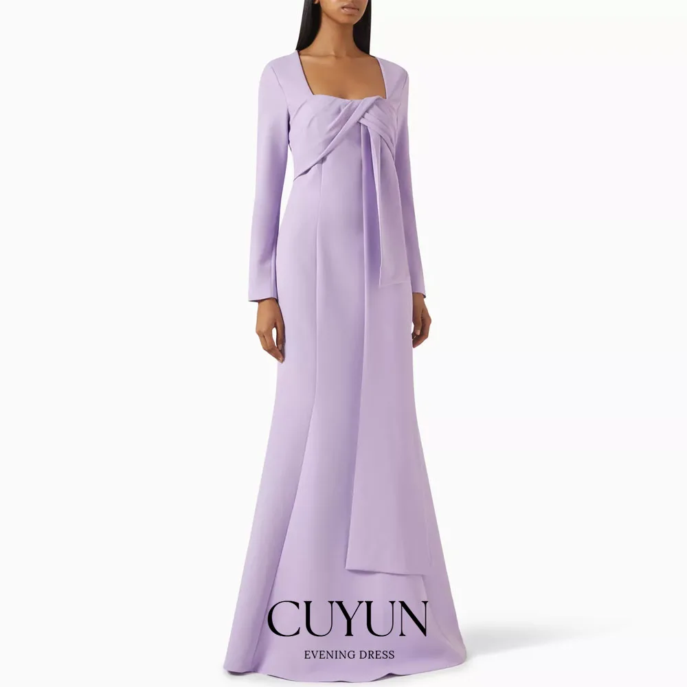 

CUYUN Customized Lavender Women Evening Dresses Square Collar Long Sleeves Pleated Party Gown Formal Dinner Dresses Prom Wear
