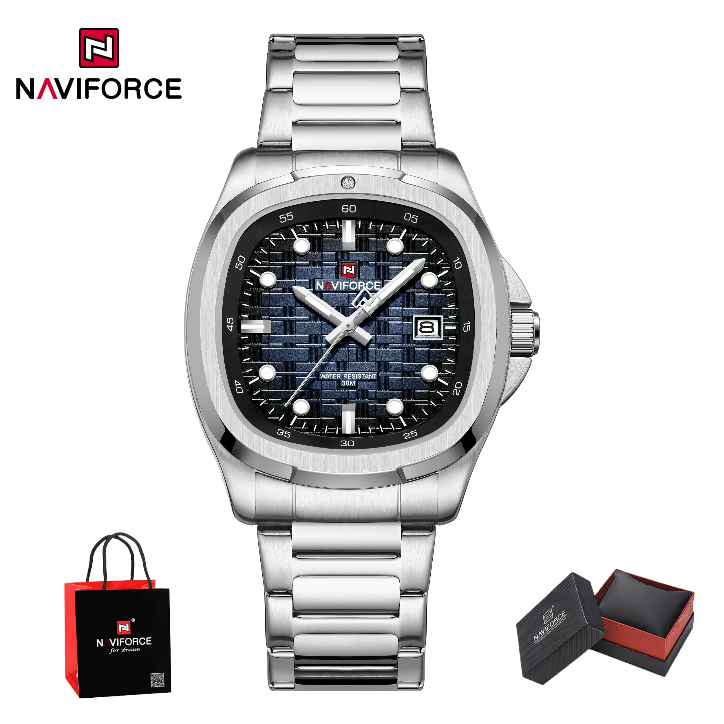 

NAVIFORCE деловые офисные мужские светящиеся водонепроницаемые часы из нержавеющей стали с дисплеем даты, спортивные наручные часы для мужчин, подарки