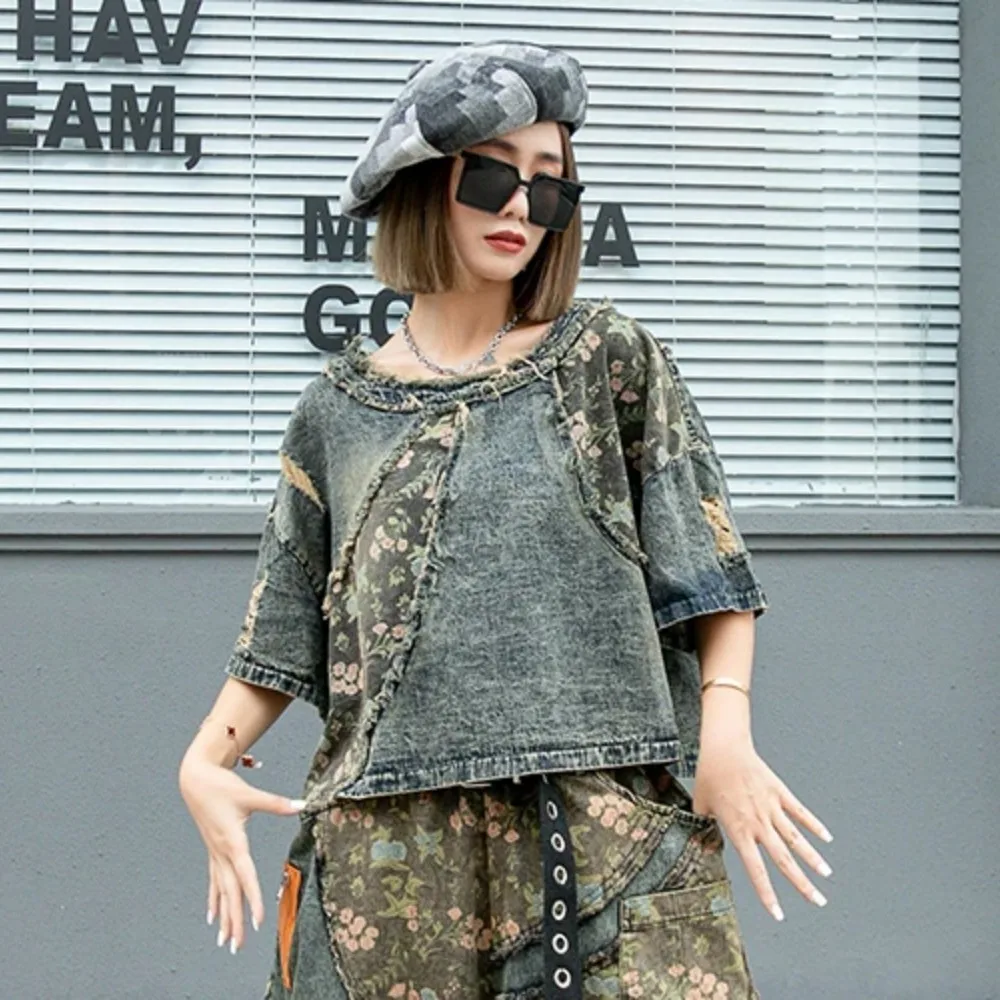 Floral Denim Short Top Women 2024 Summer Loose Fitting Short Sleeved T-shirt LX1211