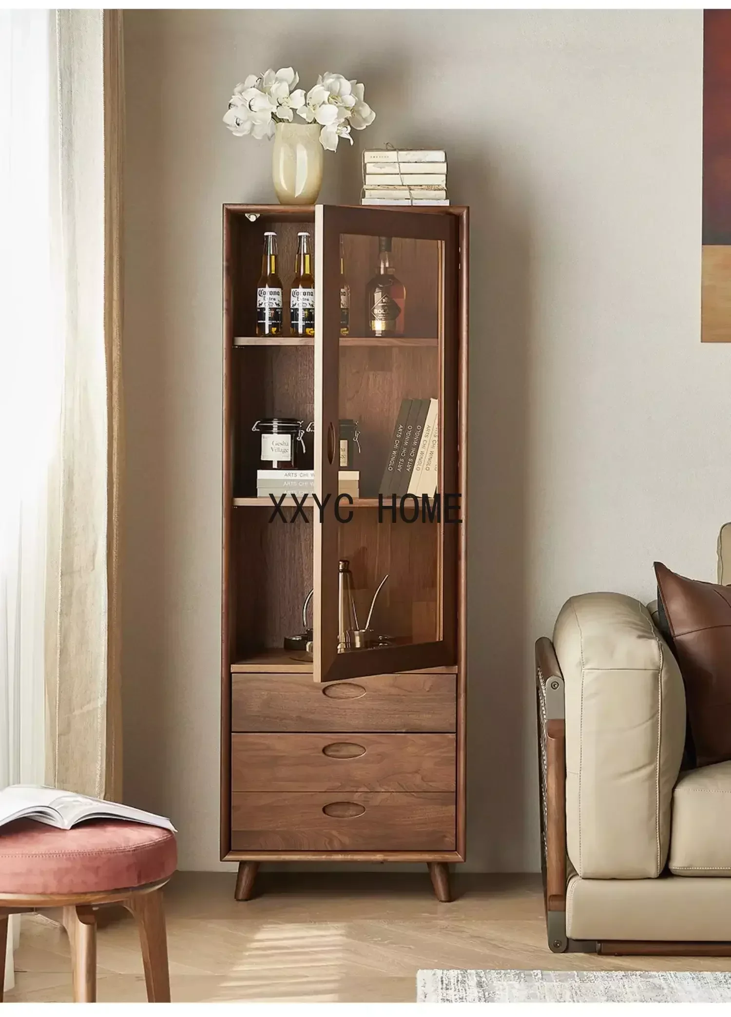 

Северная Америка, черный орех, деревянный шкаф для спиртных напитков, бытовой минималистичный шкаф-витрина со стеклянной дверью