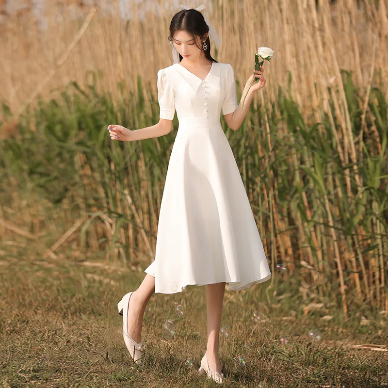 White Satin Wedding Dresses For Bride Formal Evening Elegant Sexy Little V-neck French Simple Style Fairy Summer Dress Women