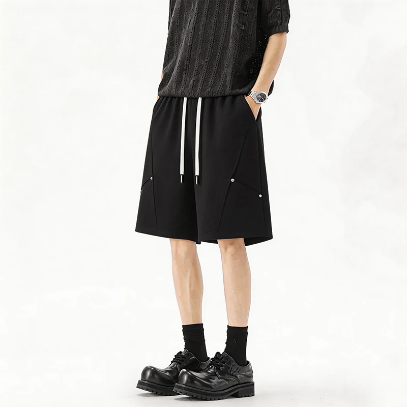 

2026 New American Rivet Sports Shorts for Men's Summer Drawstring Design Tooling Five-point Pants Loose Straight Casual Pants