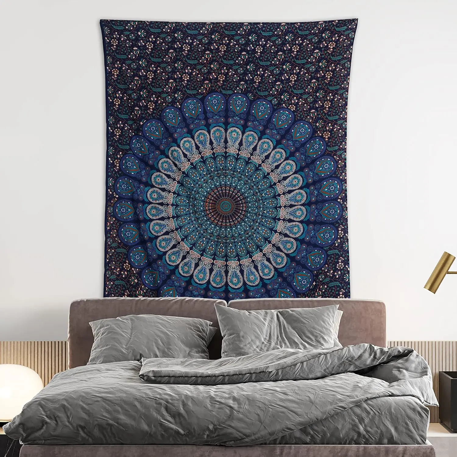 Handmade Hippie Bohemian Tapestry with Peacock Mandala for Wall Hanging, Beach Throws, Table Cloth, Blue Green 54x60 Inches view 2