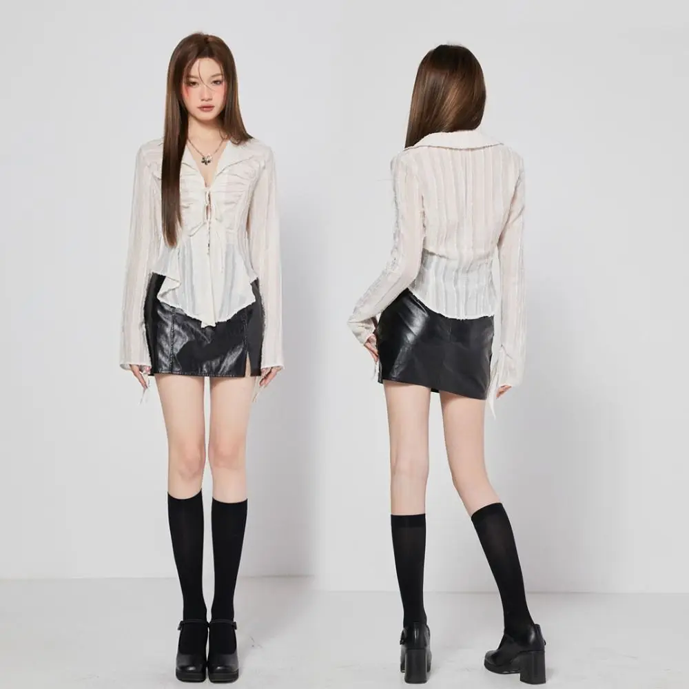 

Шифоновая солнцезащитная рубашка с v-образным вырезом и вырезом на шнуровке, свободная рубашка с длинными рукавами и рюшами, нерегулярная сетчатая блузка, уличная одежда