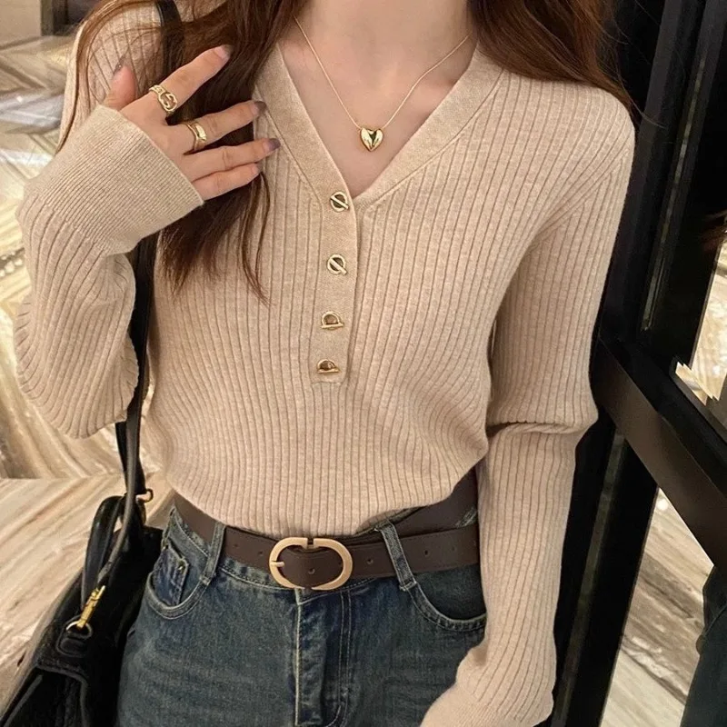 Women's Autumn Winter Button Solid Pullover V-Neck Screw Thread Long Sleeve Undershirt Sweater Knitted Office Lady Elegant Tops