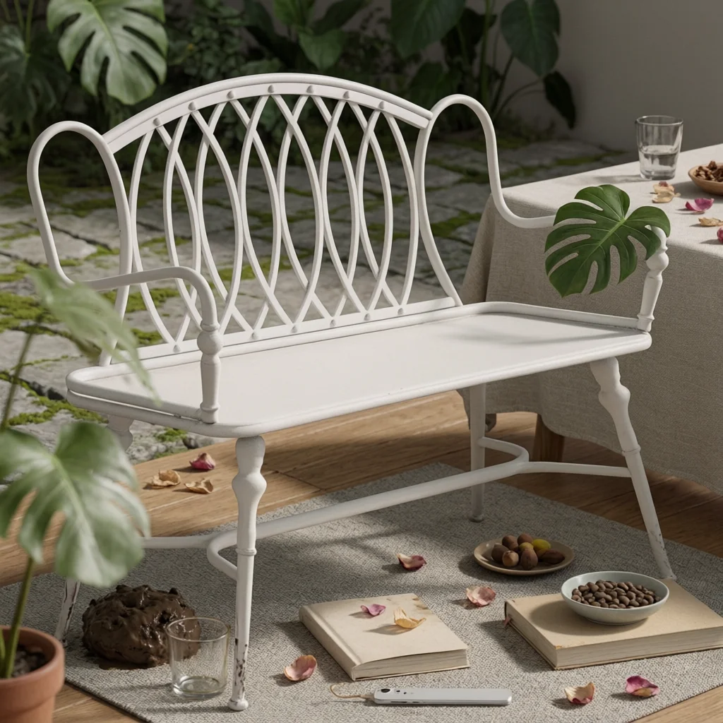 Bench with Armrests Distressed Metal Bench Furniture Two-Person Long-Lasting for Homeowners, Entryway, Photo Shoots