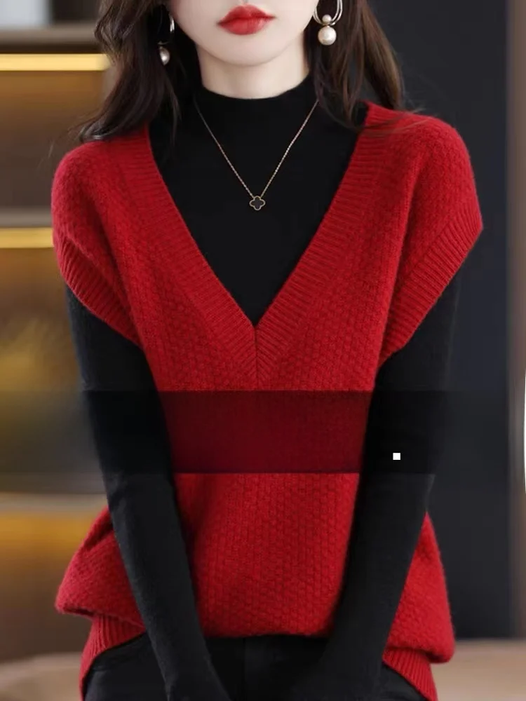 

Women's Knitted Sweater Vest Early Autumn 2026 New Style Shoulder Bared Loose Outerwear Top V-Neck Warm Regular Length