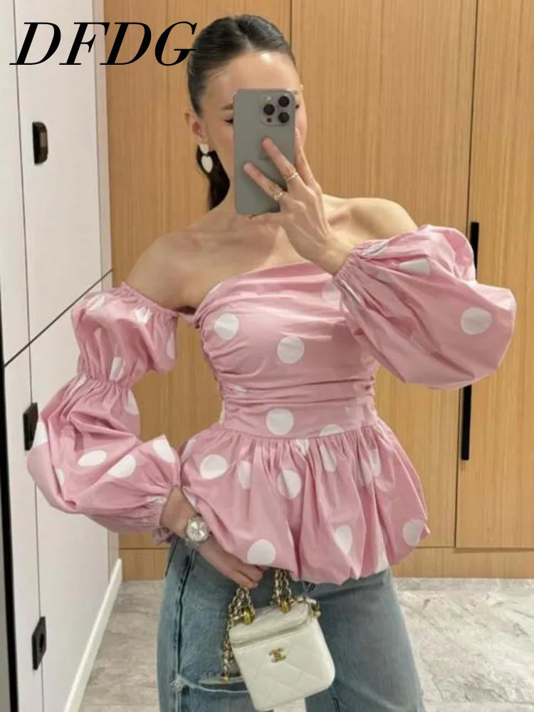 

Женская блузка DFDG Весна-Лето 2026 с открытыми плечами, в горошек, с пышными длинными рукавами, драпировкой на талии и подолом-пеплум, элегантная, для вечеринок