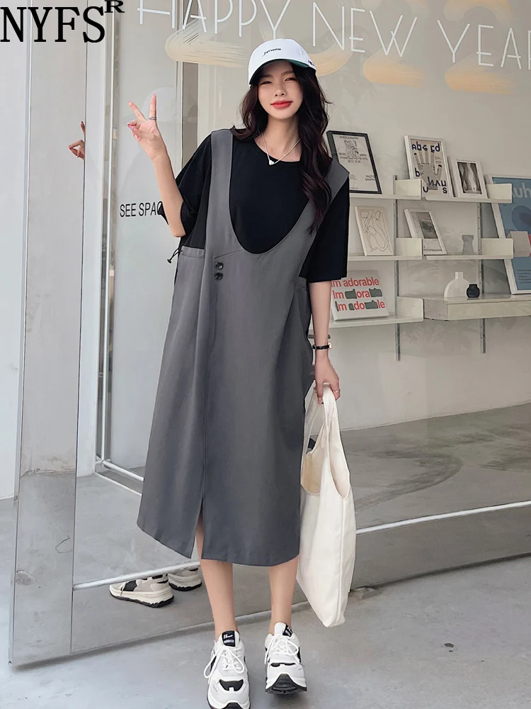 

NYFS 2023 Summer New Korea Woman Dress Vestidos Robe Elbise Loose Plus Size Strap Patchwork Fake Two Waist Drawstring Dresses