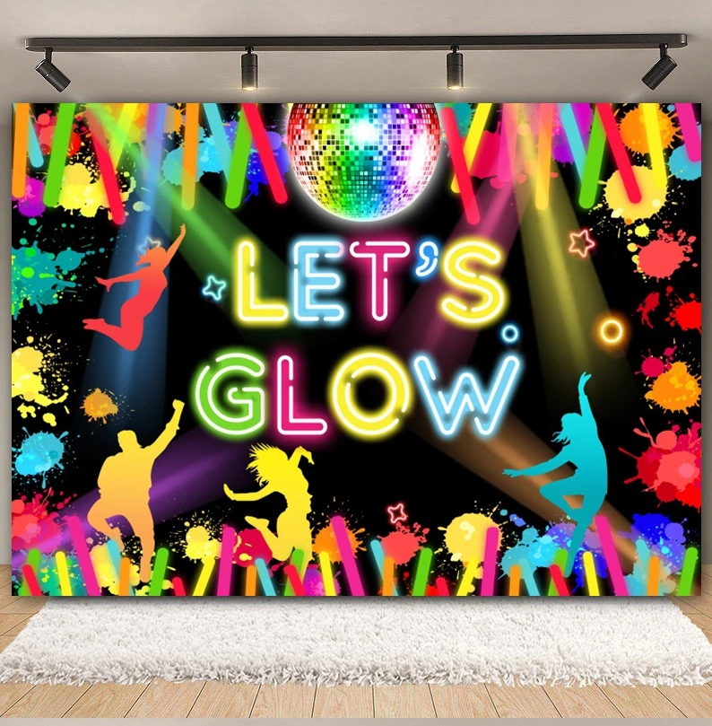 Neon Let's Glow Party Backdrop 80s 90s Hip Hop Disco Music Stage Adults Birthday Party Photography Background Decor Photo Studio