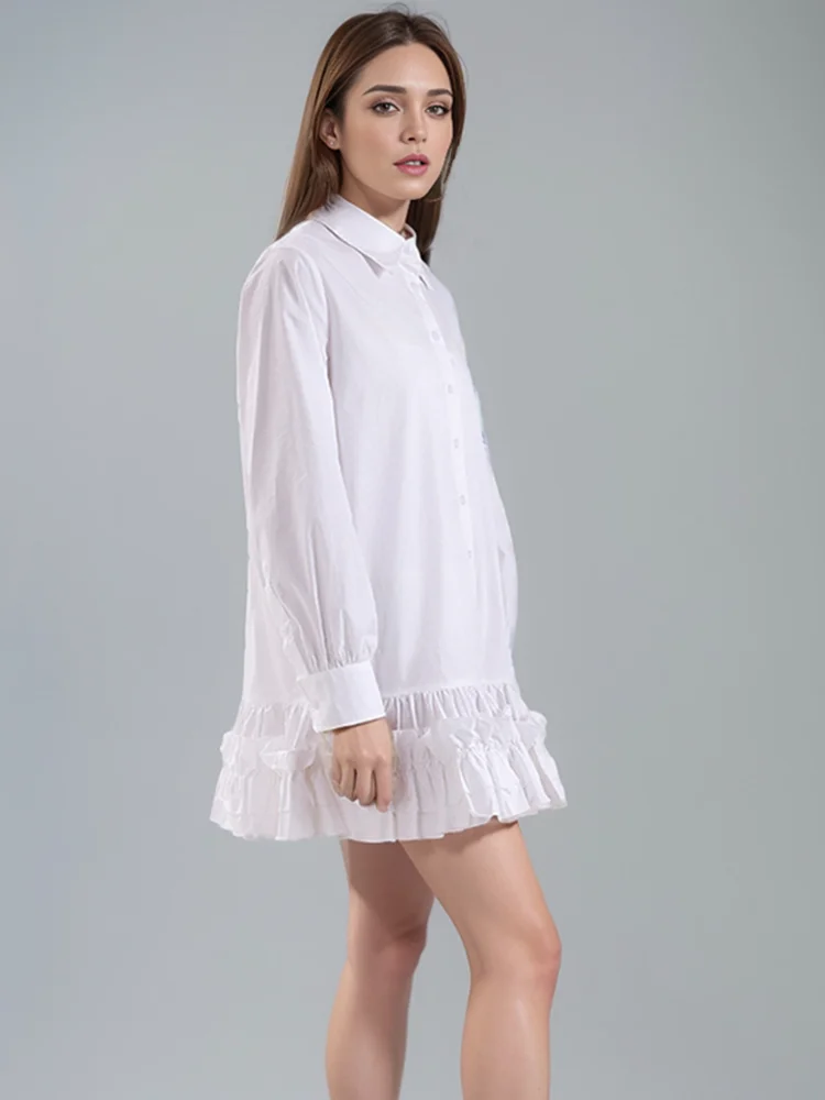 DEAT Fashion Women\'s Shirt Dress Lapel Single Breasted Loose Hem Splicing Lace White Mini Dresses Summer 2024 New Tide CPDB175