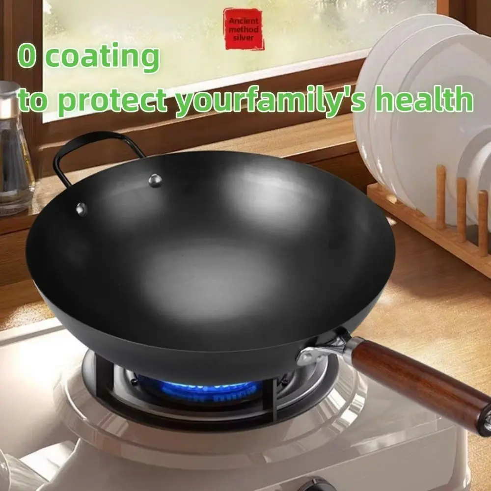 

Durable 30cm Cast Iron Pan No Coating Non-stick Iron Wok High Heat Resistant Easy To Clean Chinese Wok for Gas Induction Cooker