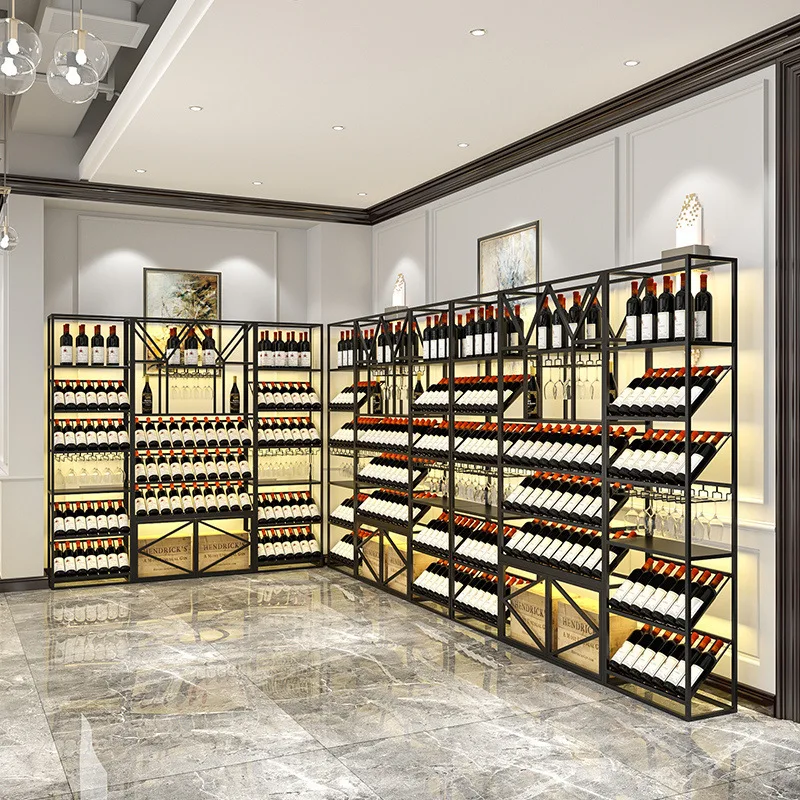 Personalizado nórdico moderno restaurante carenagem ferro forjado display armário de vinho prateleira de chão luminosa rack de vinho