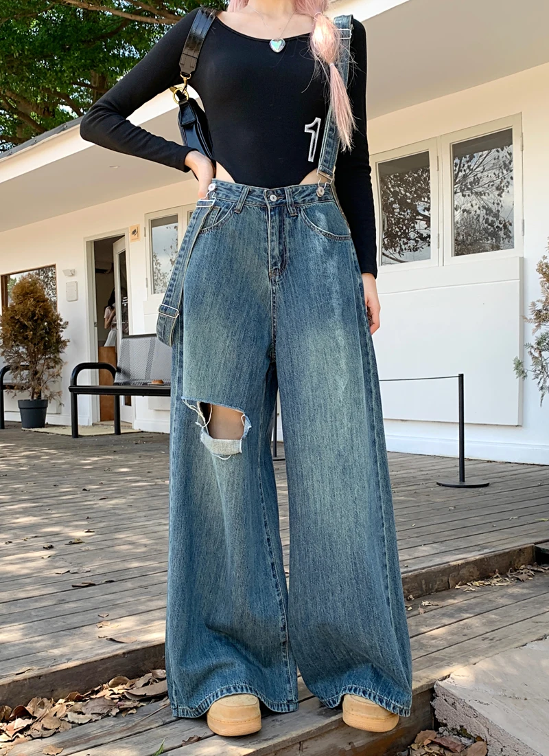 

Женские летние джинсовые комбинезоны Design Sensation, широкие брюки с высокой талией, брюки длиной до пола, джинсы с расстоянием