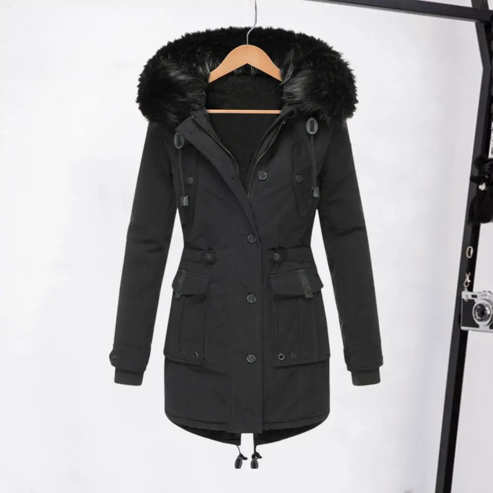 Women Hooded Down Jacket With Furry Hood Plush-lined Zipper Closure Drawstring Parkas Heat Retention Cold Weather Outwear