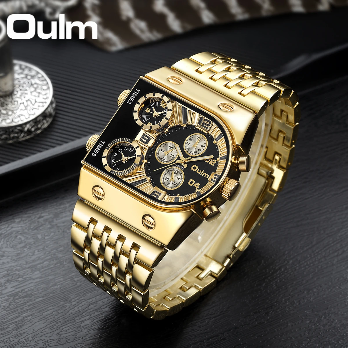 Oulm Unique Men Watch Square Gold Quartz Wrist Watch for Man Sports Multi-Time Zone Military Male Waterproof Relogio Masculino