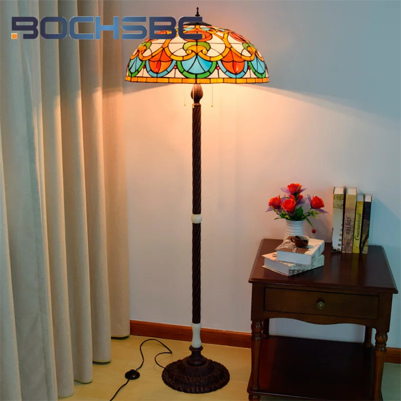 BOCHSBC Tiffany American style stained glass floor lamp Art Deco Living Room Dining Room Bedroom Bedside bar Jade standing lamp