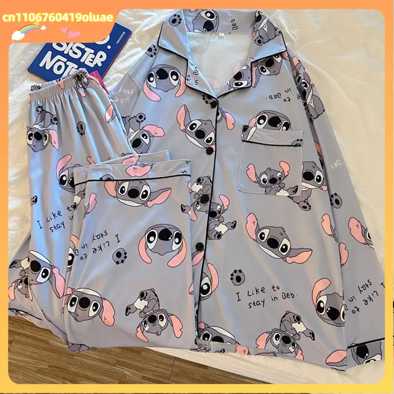

Cartoon Stitch Pajamas Set For Women Spring Long-Sleeved Pyjamas Cute Anime Casual Comfortable Loungewear For Students Home/Dorm
