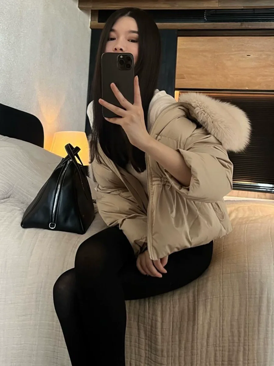 High-end Oversized Fox Fur Collar Waist Down Jacket For Women 2025 Winter Fashion Slimming Coat