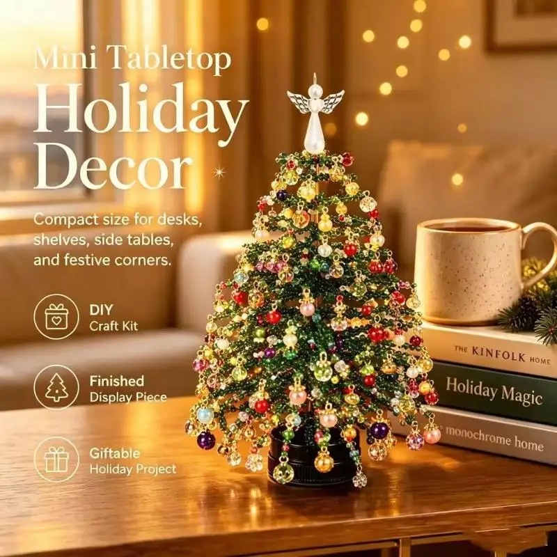 DIY Beaded Christmas Tree Kit Complete Craft Materials Shiny Desktop Ornaments for Office Xmas Holiday Decor Gifts