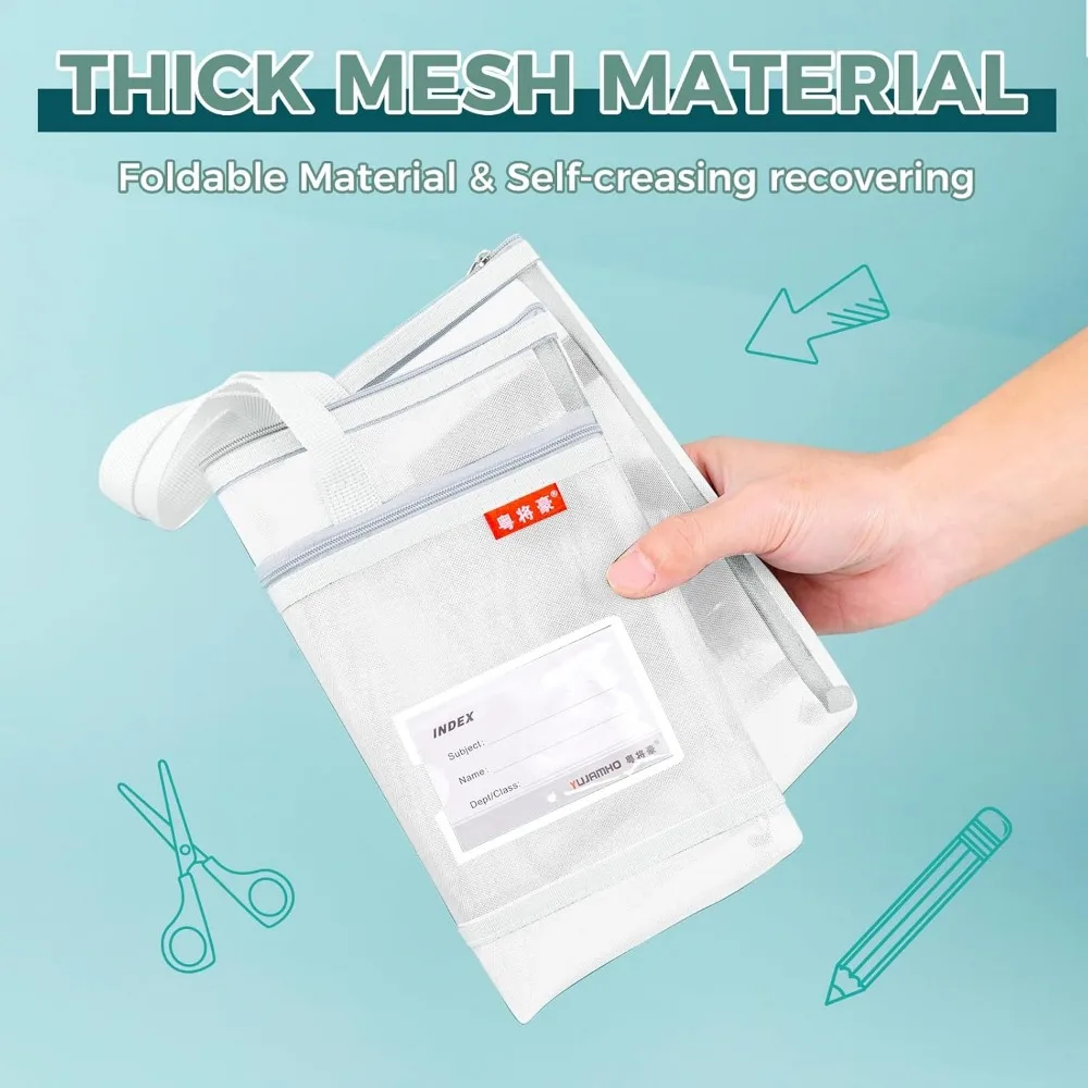 Pendancy Mesh Zipper Pouch A4 Size, Large Double Pocket Lightweight Nylon Transparent File Bag with Handle, 11x13.8 in Foldable