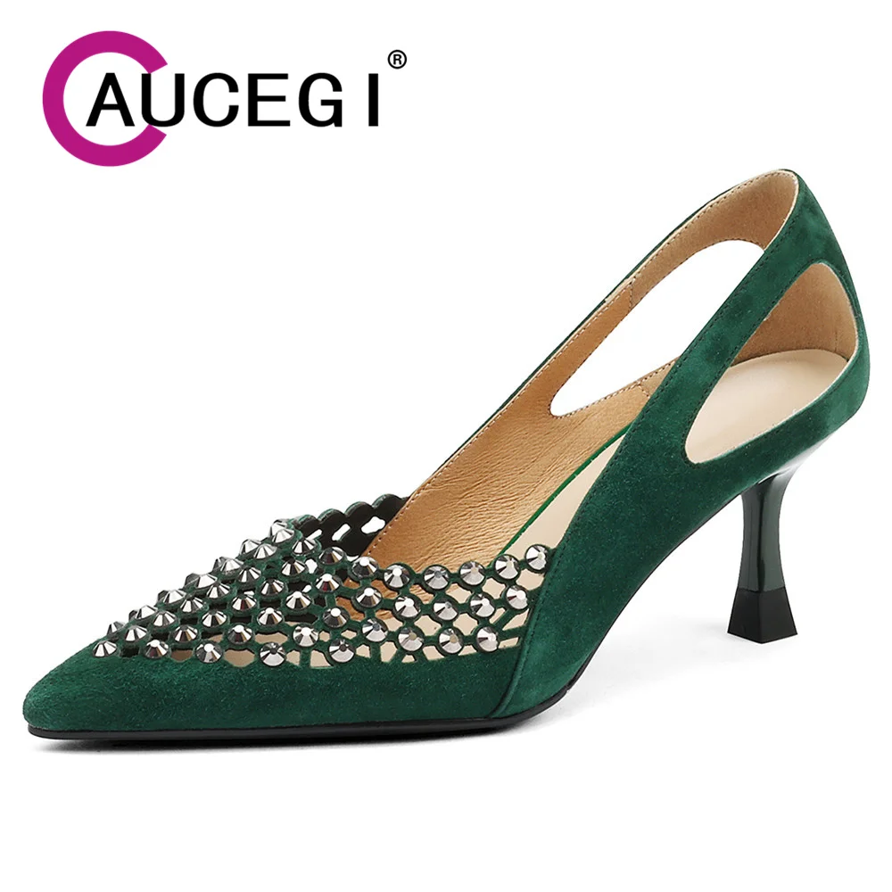 Aucegi 2026 Fashion Summer Women Thin High Heels Pumps Pearl Decoration Hollow Out Pointed Toe Elegant Wedding Party Shoes