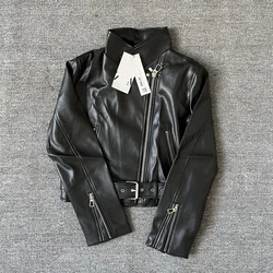 Taop&Za2024 autumn new women's clothing simple slim fit faux leather lapel jacket short coat belt decoration leather jacket