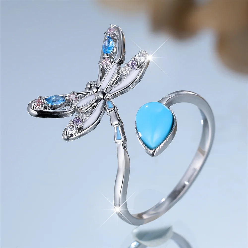 Charm Female White Green Stone Water Drop Dragonfly Adjustable Open Ring Silver Color Cute Gift Wedding Jewelry For Women