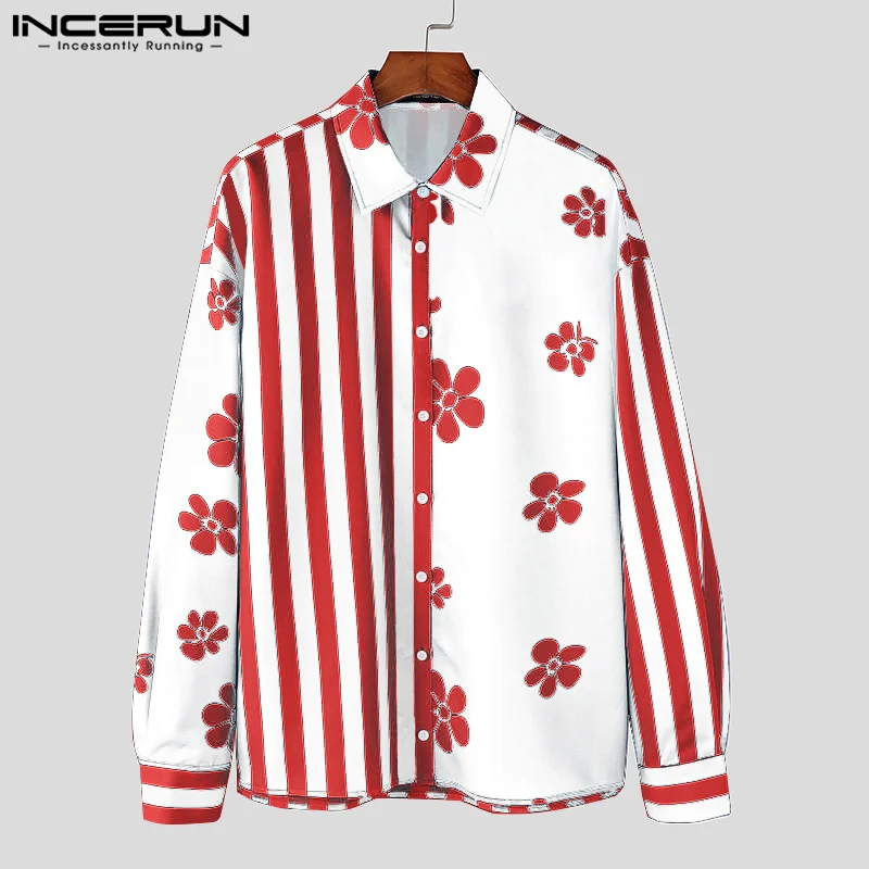 INCERUN Men American Fashion Tops Casual Stripe Splicing Shirt Well Fitting Streetwear Male Printed Blusas Turn-Down Collar Tops