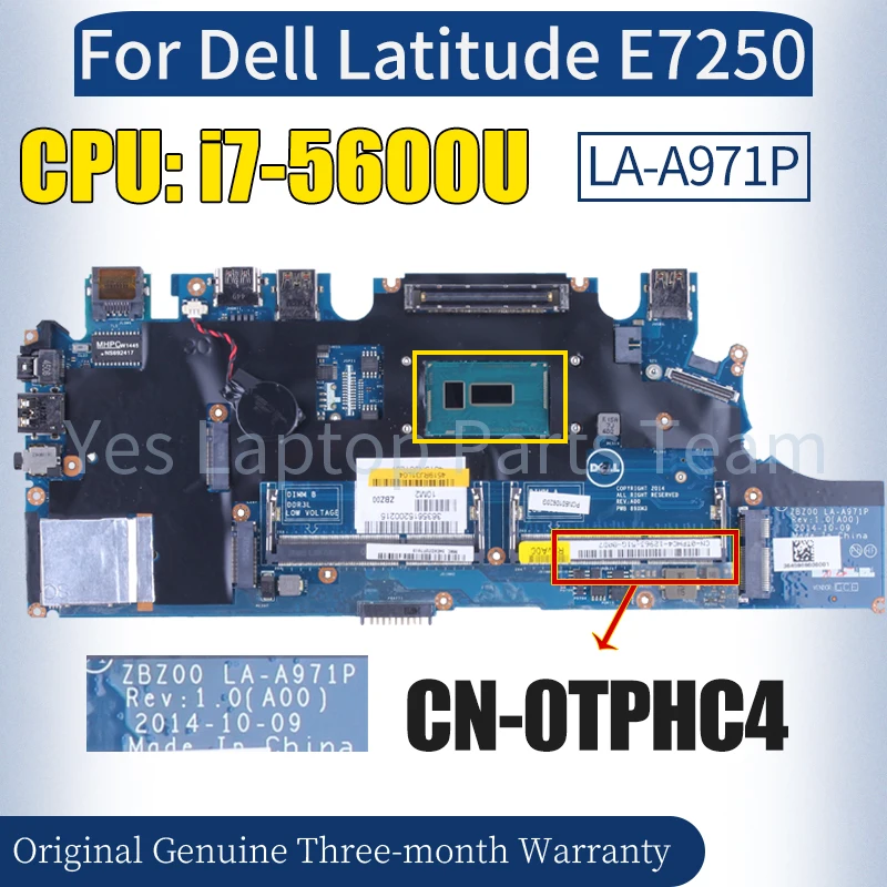 

ZBZ00 LA-A971P For Dell Latitude E7250 Laptop Mainboard CN-0TPHC4 SR23V i7-5600U 100％ Tested Notebook Motherboard