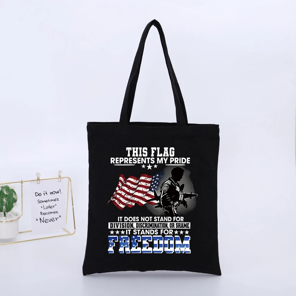 American Flag and Military Silhouette Canvas Tote Bag with Slogan Print, Casual Style for Daily Use