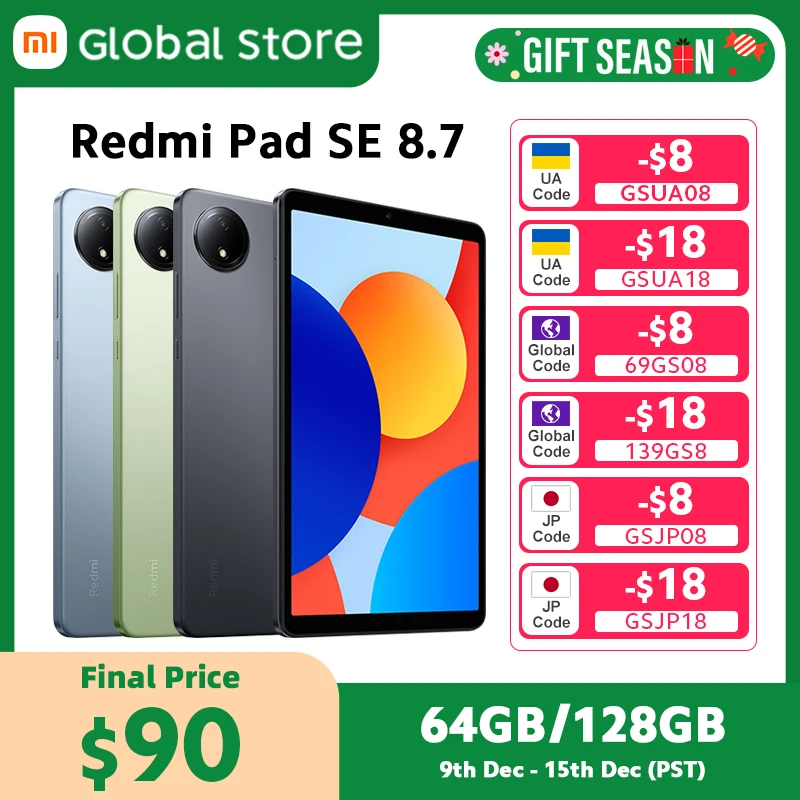 Global Version Xiaomi Redmi Pad SE 8.7 LCD MediaTek Helio G85 octa-core CPU 6650mAh Battery 18W fast charging 8MP Camera 90Hz