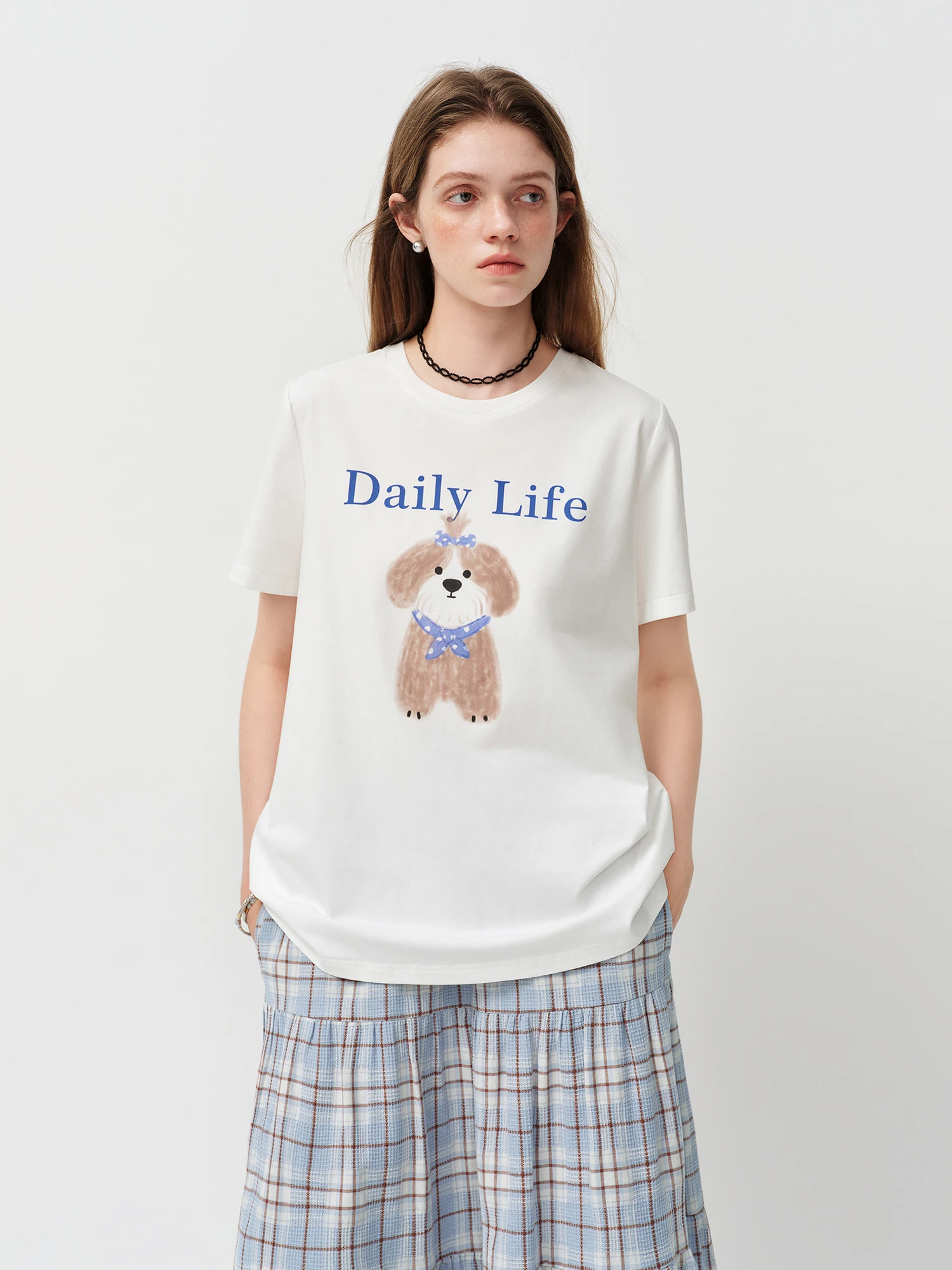 FSLE Cool and Cute Puppy Print T-shirt New Summer 2026 Style Round Neck Drop Shoulder Short Sleeve Sweet Leisure Age-reducing