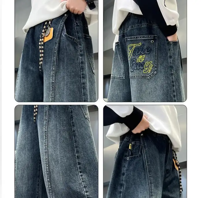Boys Loose Straight Leg Jeans Spring Autumn Casual Trendy Embroidery Curved Knife Pants Comfortable Cotton Fashion Trousers
