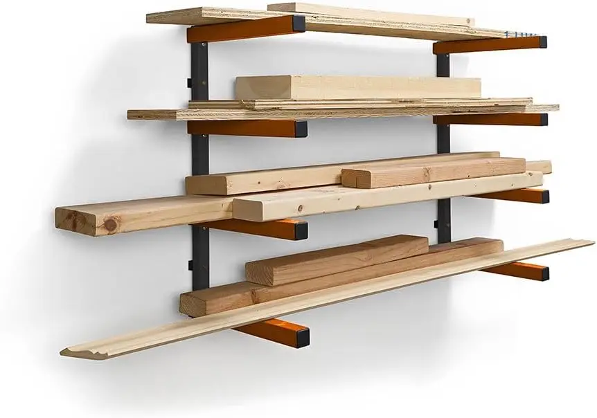 Heavy-Duty Wall-Mounted Wood Storage Rack for Garage and Workshop, 4-Level Design with High Weight Capacity