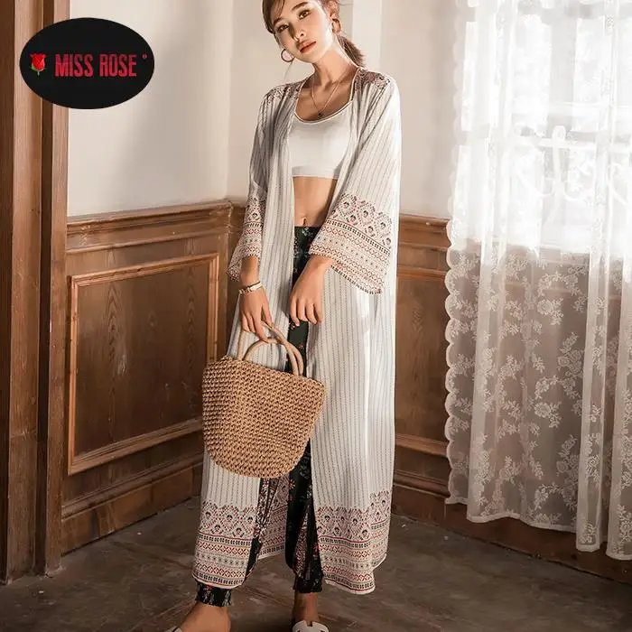 Mùa Hè Nữ Đi Biển Che Bikini Sexy Voan Dài Cardigan Nữ Dân Tộc In Hình Bãi Biển Ngày Lễ Bohemian Áo Tắm Thun Dài