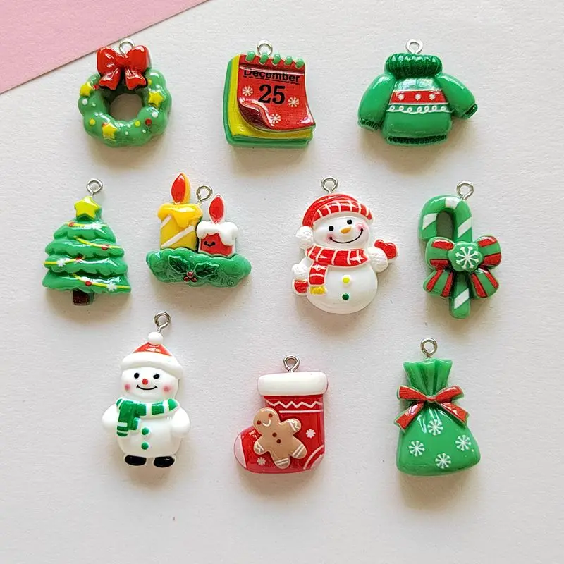 10PCS Christmas Themed Kawaii Gift Jacket Snowman Candle Bag DIY Resin Necklace Pendant Earrings Bracelet Decorative Accessories