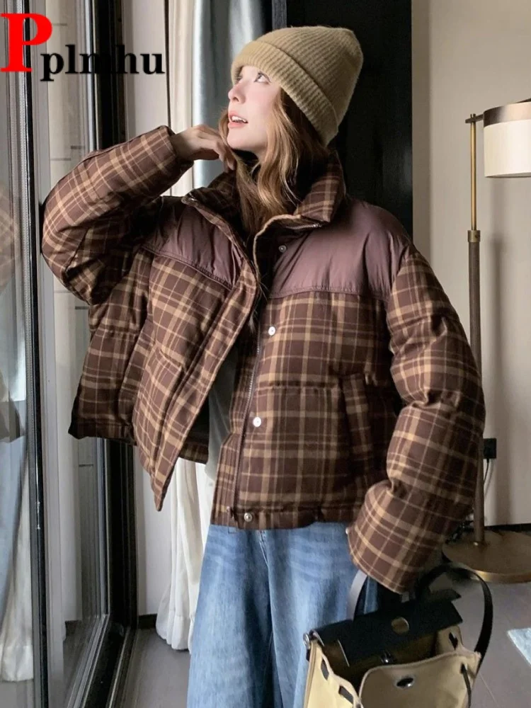

Plaid Splicing Stand Collar Short Jackets Thickened Patchwork Winter Warm Baggy Chaquetas Women's Casual Loose Fashion Jaquetas