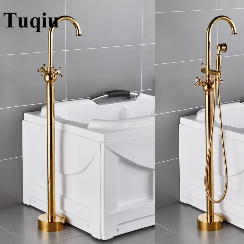 Bathroom Bathtub Faucet + Handheld Shower Free Standing Gold BathTub Mixer Taps Floor Mounted