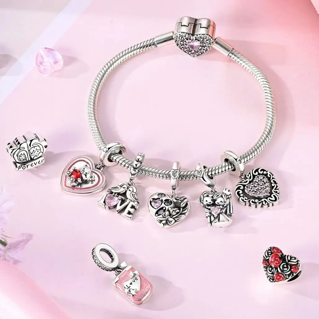 Silver LOVE Chocolate Heart Charms Beads Fit Original Bracelet Bag Keychain Earring Charm Bead Pendant Diy Women Jewelry Gift