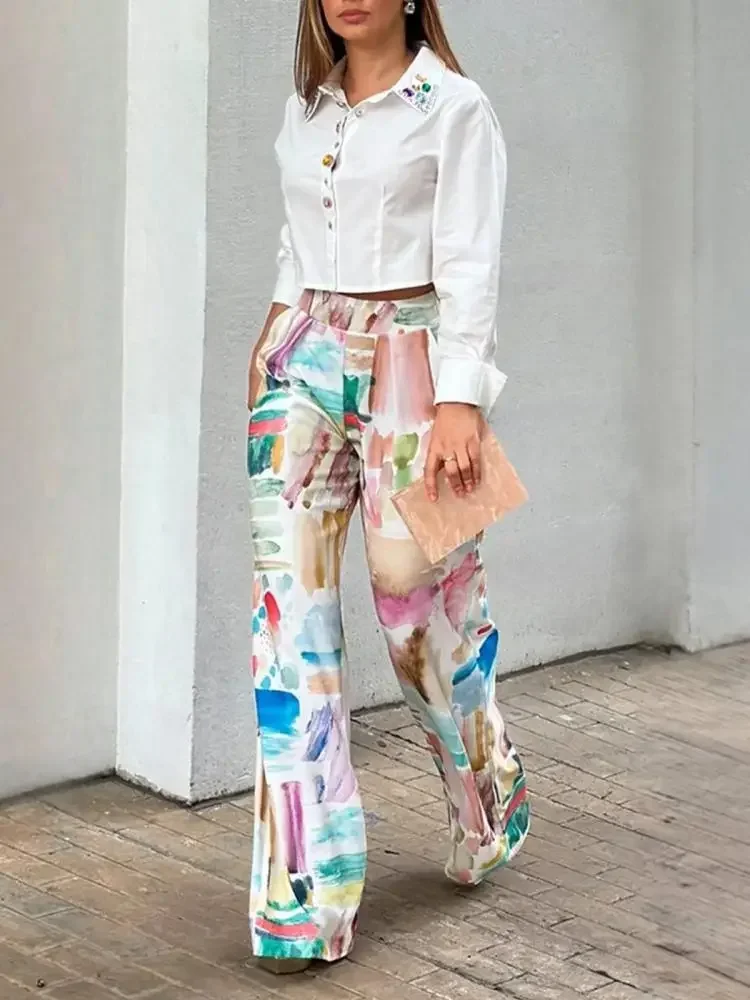 UOOZEE Female Straight-Leg Pants 2025 New Spring Summer Fashion Colorful Printed High Waisted Casual Office Trousers Bottoms