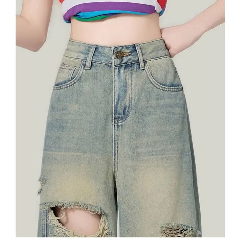 Calça Jeans rasgada de cintura alta feminina, calças largas, soltas, emagrecedoras, retrô, rua alta, novo design, primavera, verão, 2022