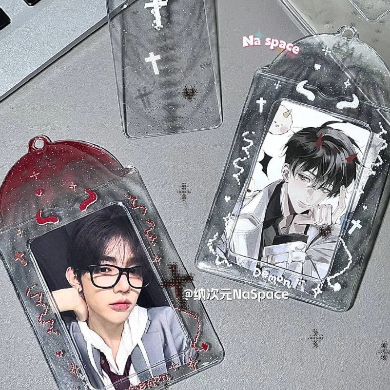 

INS Fashion Pixel Devil Angel PVC Glitter Card Holder 3/3.5 Inch Photocard Case Kpop Idol Card Storage Display Keychain Pendant